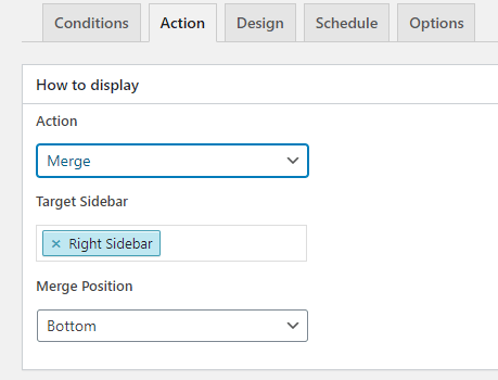 Display action for content aware sidebars