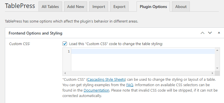 Tablepress custom CSS in plugin options