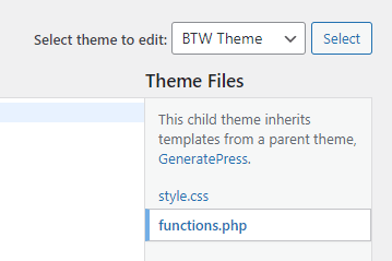 Select the functions.php file in theme editor