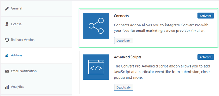 Enable the ConvertPro connects addon to connect to your Email Provider.