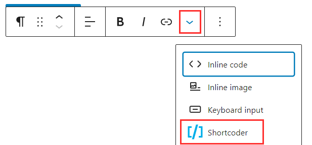 Inserting a custom shortcode via the inline-styles dropdown in Gutenberg block