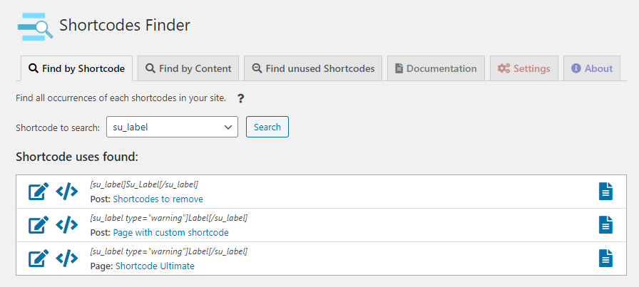 Shortcodes Finder screenshot