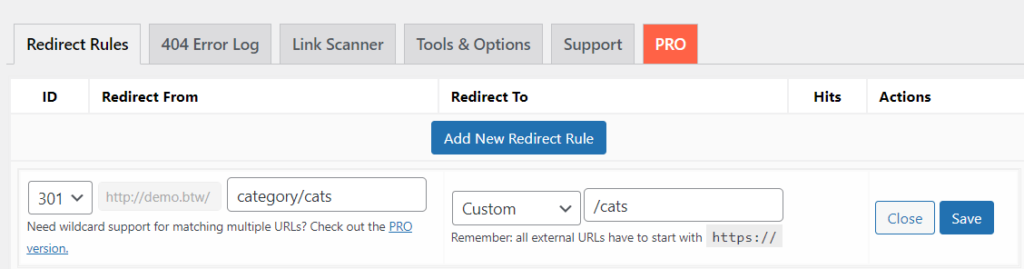 301 Redirect category archive to category page using easy redirect manager