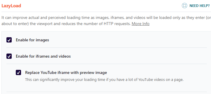 WPRocket lazyload settings for images, videos & iframes