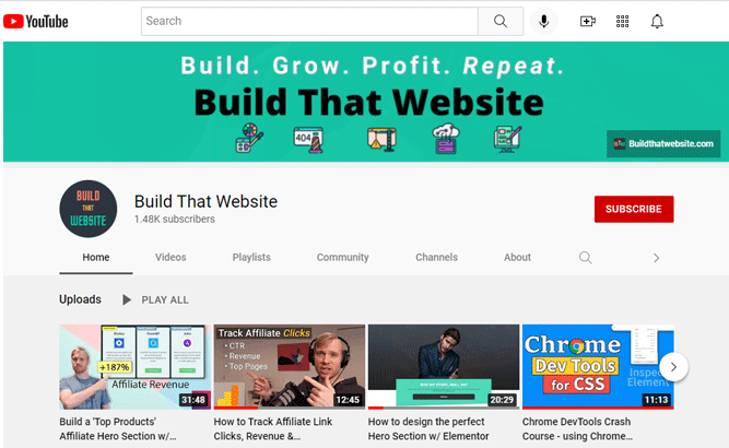 Screenshot of Buildthatwebsite youtube channel homepage
