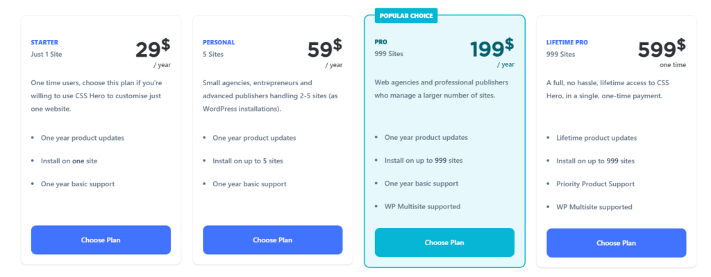 Pricing plans for CSS Hero
